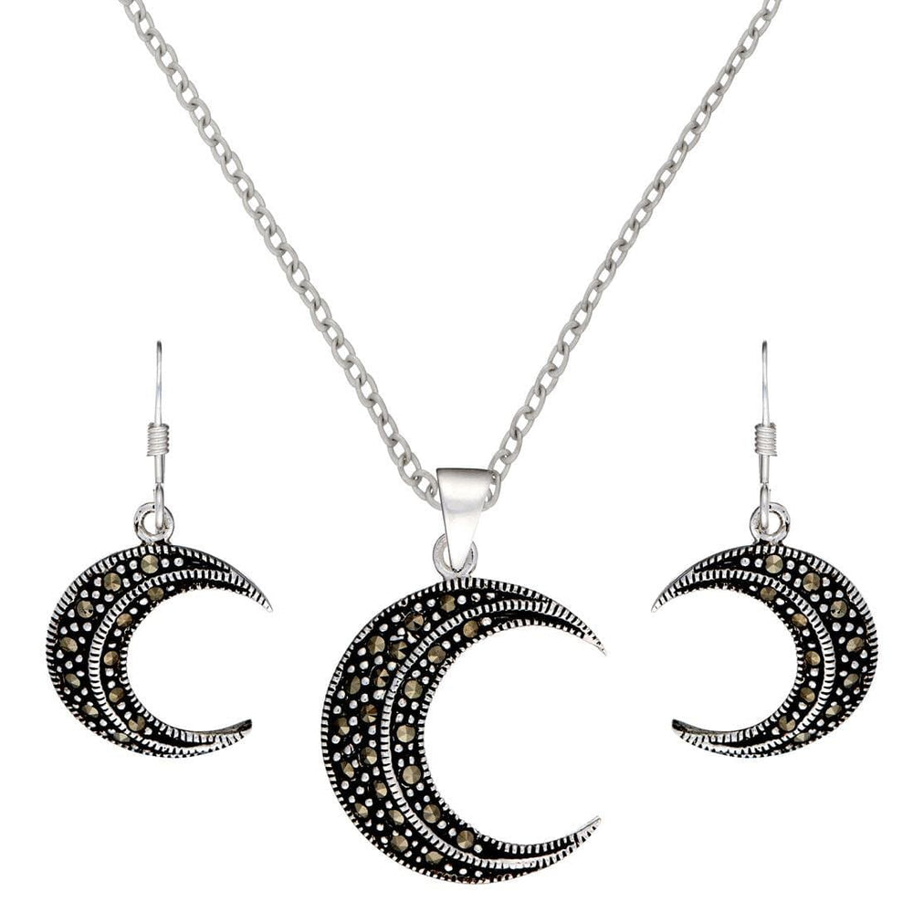 Sterling Silver Marcasite Crescent Moon Jewellery Set Wiccan Design