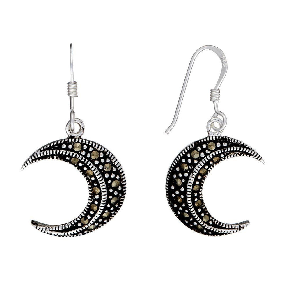 Sterling Silver Marcasite Crescent Moon Dangle Earrings Wiccan Symbol
