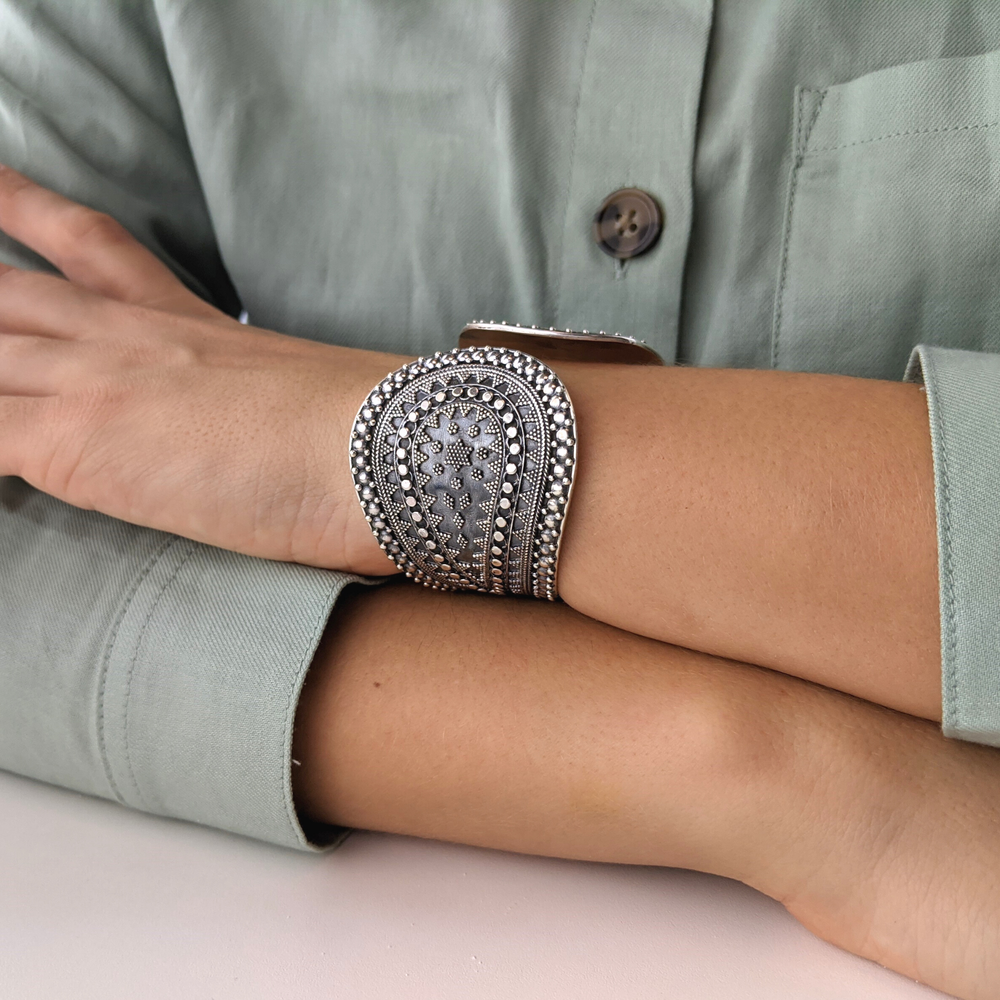 
                  
                    Sterling Silver Oxidised Dot Work Tribal Motif Wide Open Cuff Bangle
                  
                