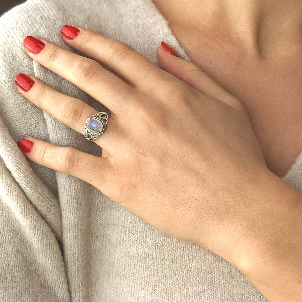 Silver rainbow moonstone ring on sale