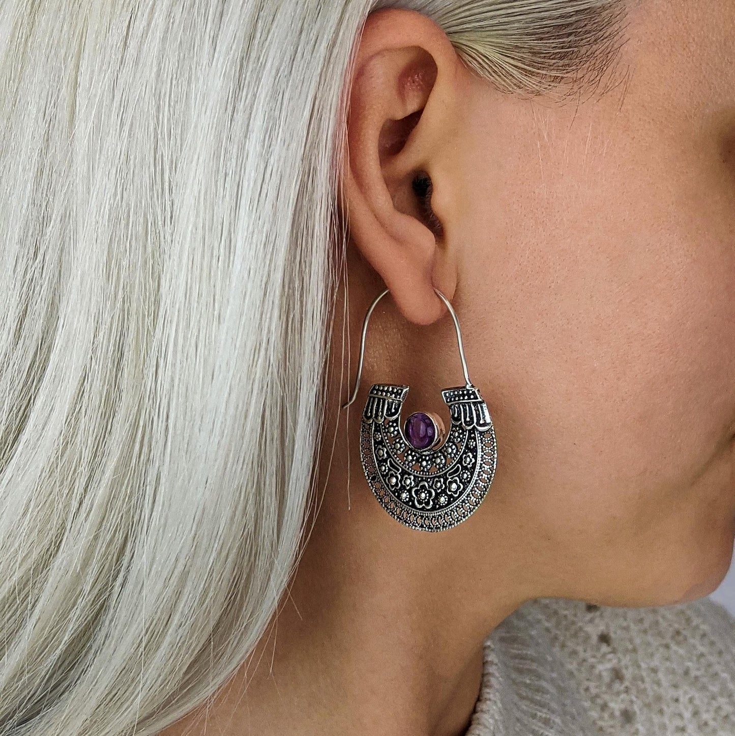 
                  
                    Silver Brass Amethyst Filigree Dot Work Flower Tribal Hoop Earrings
                  
                