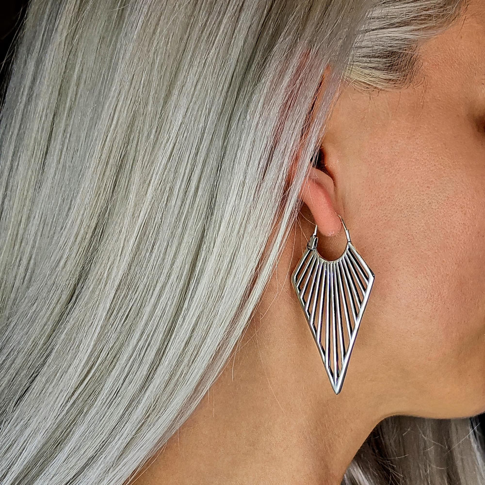 
                  
                    Silver Brass Long Art Deco Cut-Out Geometric Triangle Dangle Earrings
                  
                