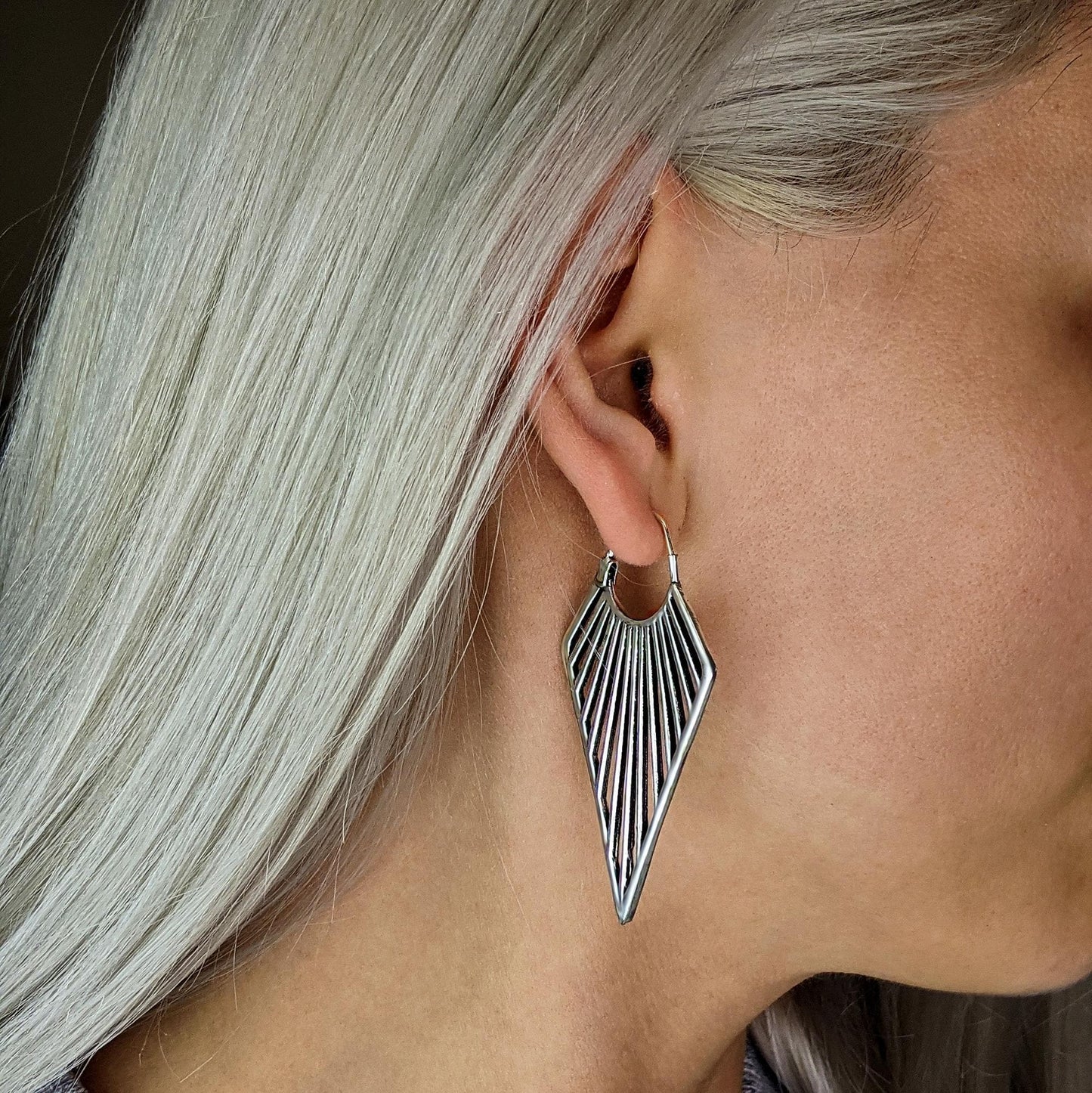 
                  
                    Silver Brass Long Art Deco Cut-Out Geometric Triangle Dangle Earrings
                  
                