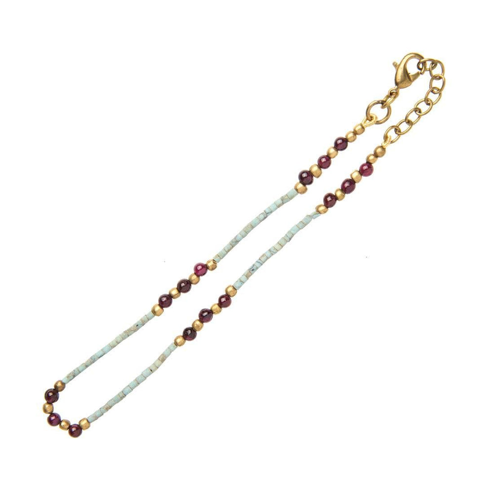 Gold Brass Turquoise Garnet Ankle Bracelet Gemstone Beaded Anklet
