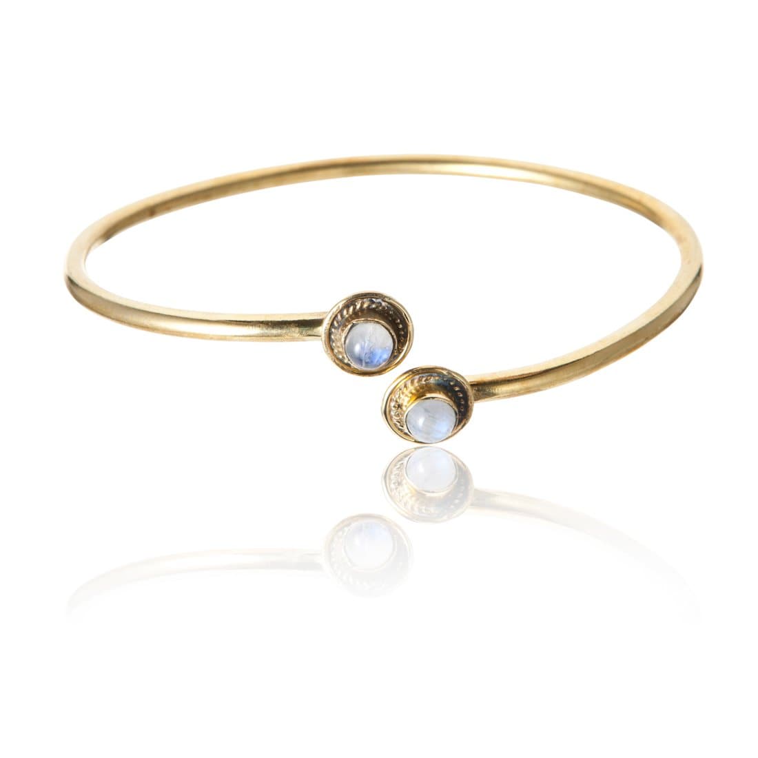 Gold Brass Rope Framed Moonstone Round Tube Bangle Boho Cuff