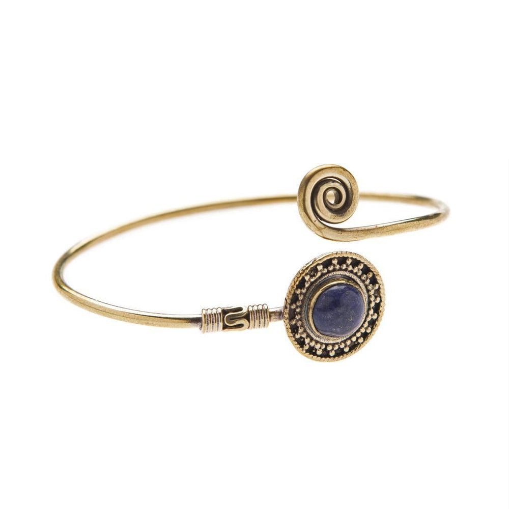 Gold Brass Lapis Lazuli Dot Work Spiral Boho Wraparound Bangle