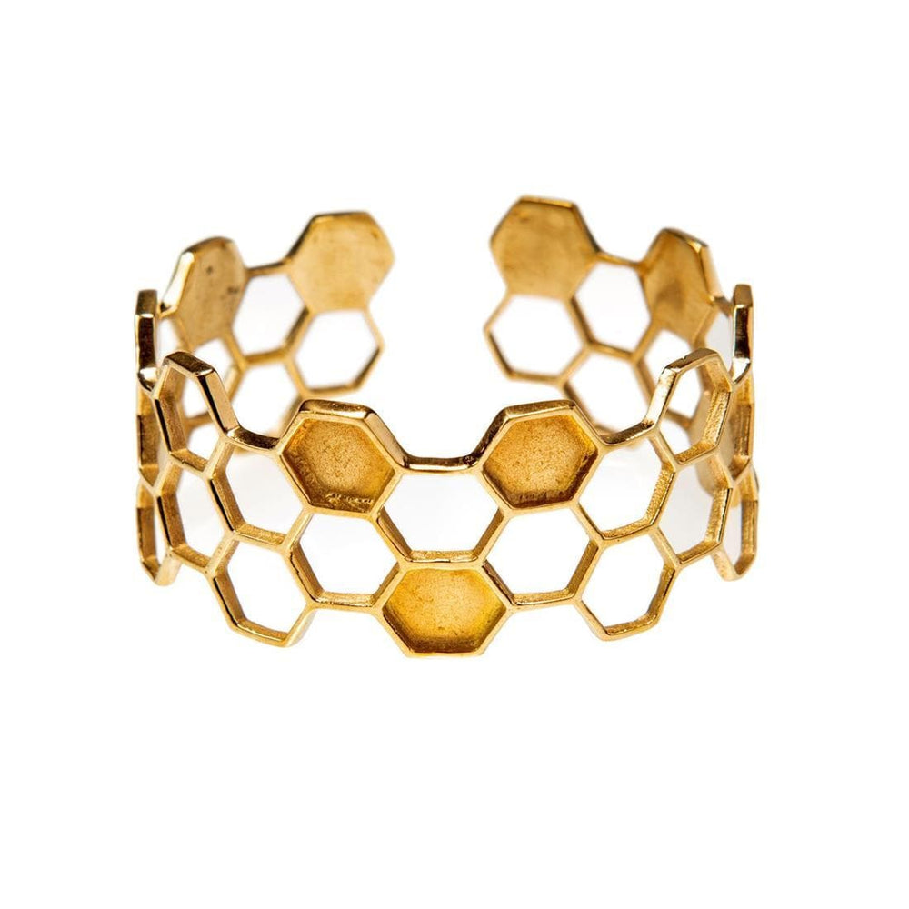 
                  
                    Gold Brass Chunky Cut-Out Honeycomb Hexagon Adjustable Cuff Bangle
                  
                