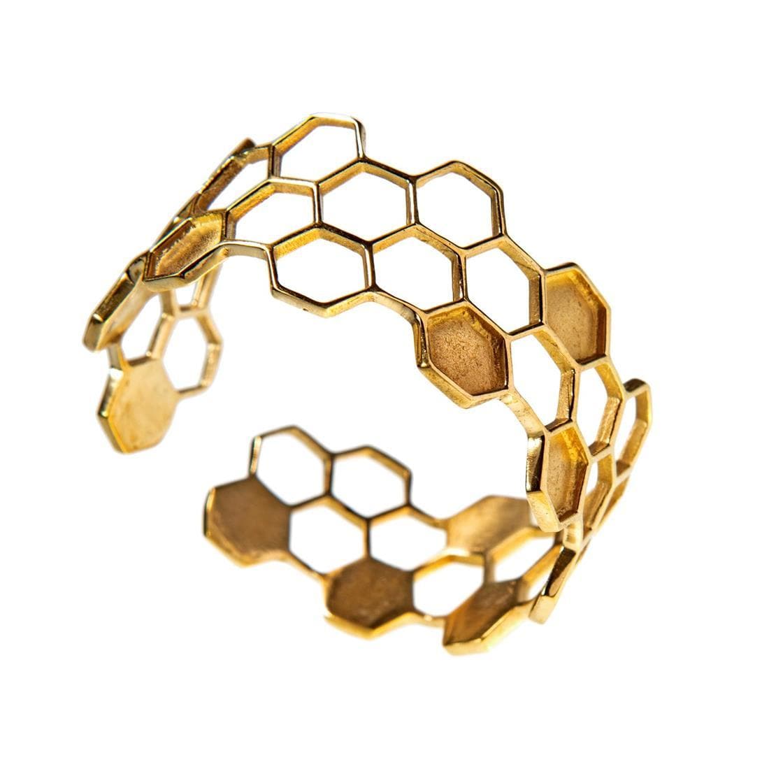 
                  
                    Gold Brass Chunky Cut-Out Honeycomb Hexagon Adjustable Cuff Bangle
                  
                