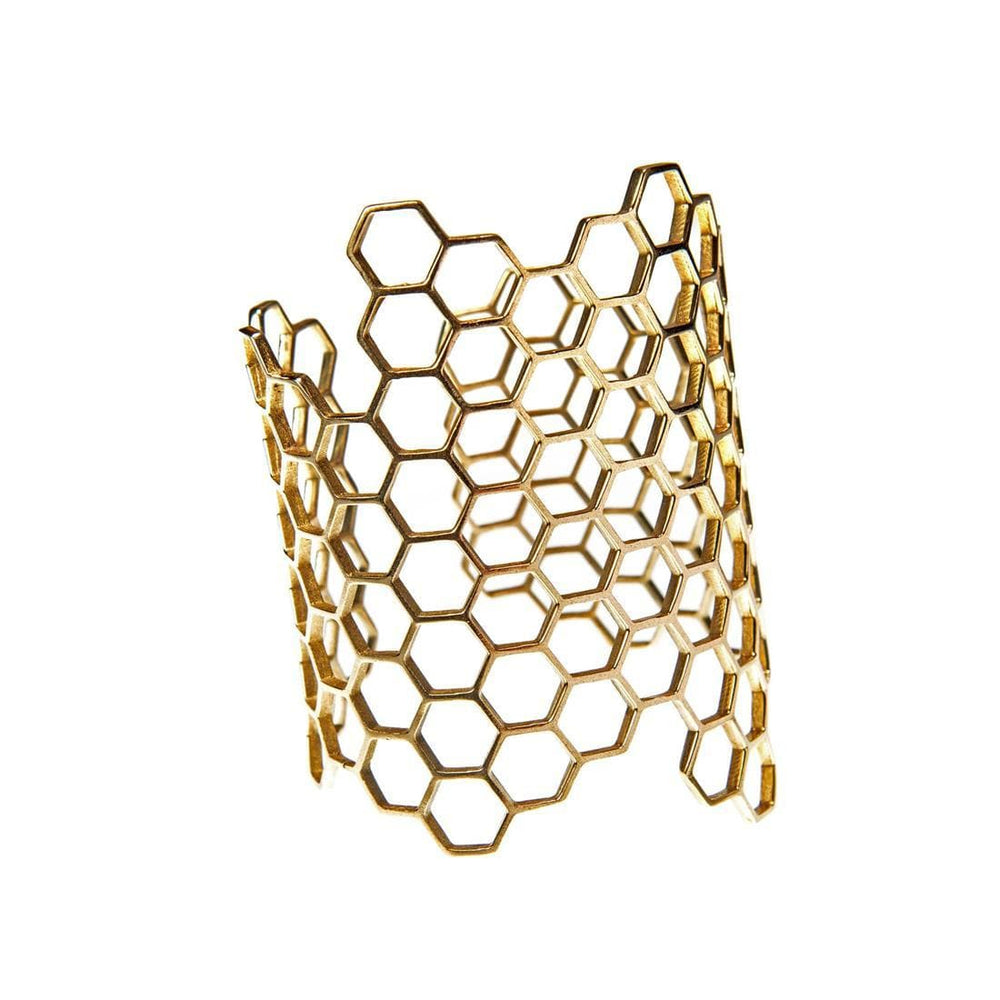 
                  
                    Gold Brass Extra Wide Honeycomb Geometric Adjustable Cuff Bangle
                  
                