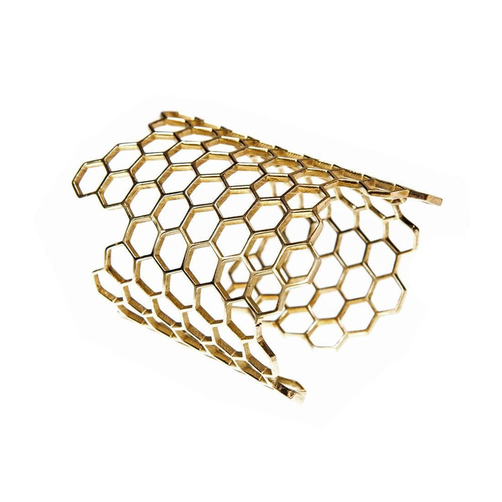 
                  
                    Gold Brass Extra Wide Honeycomb Geometric Adjustable Cuff Bangle
                  
                