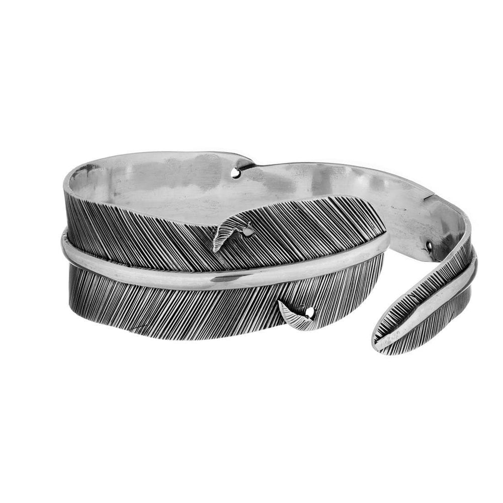 Sterling Silver Oxidised Wide Detailed Feather Adjustable Cuff Bangle