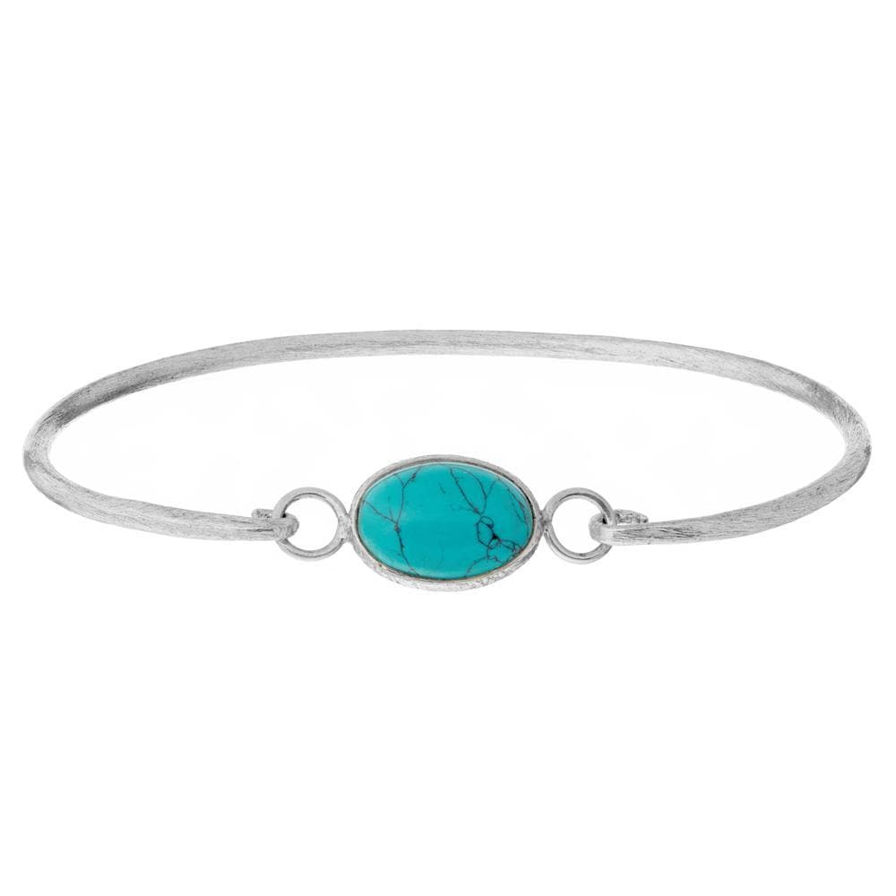 Sterling Silver Brushed Oval Turquoise Thin Bangle With Hook Clasp