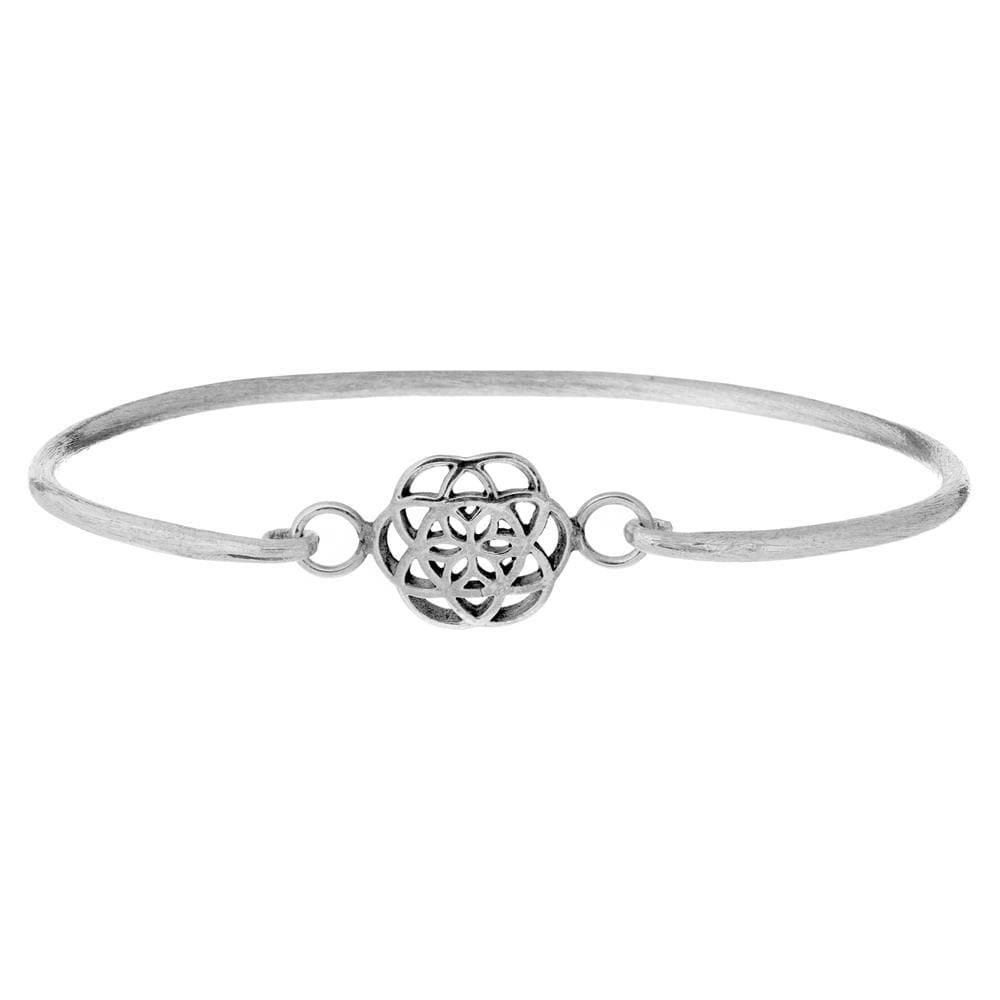 Sterling Silver Brushed Seed of Life Thin Bangle With Hook Clasp