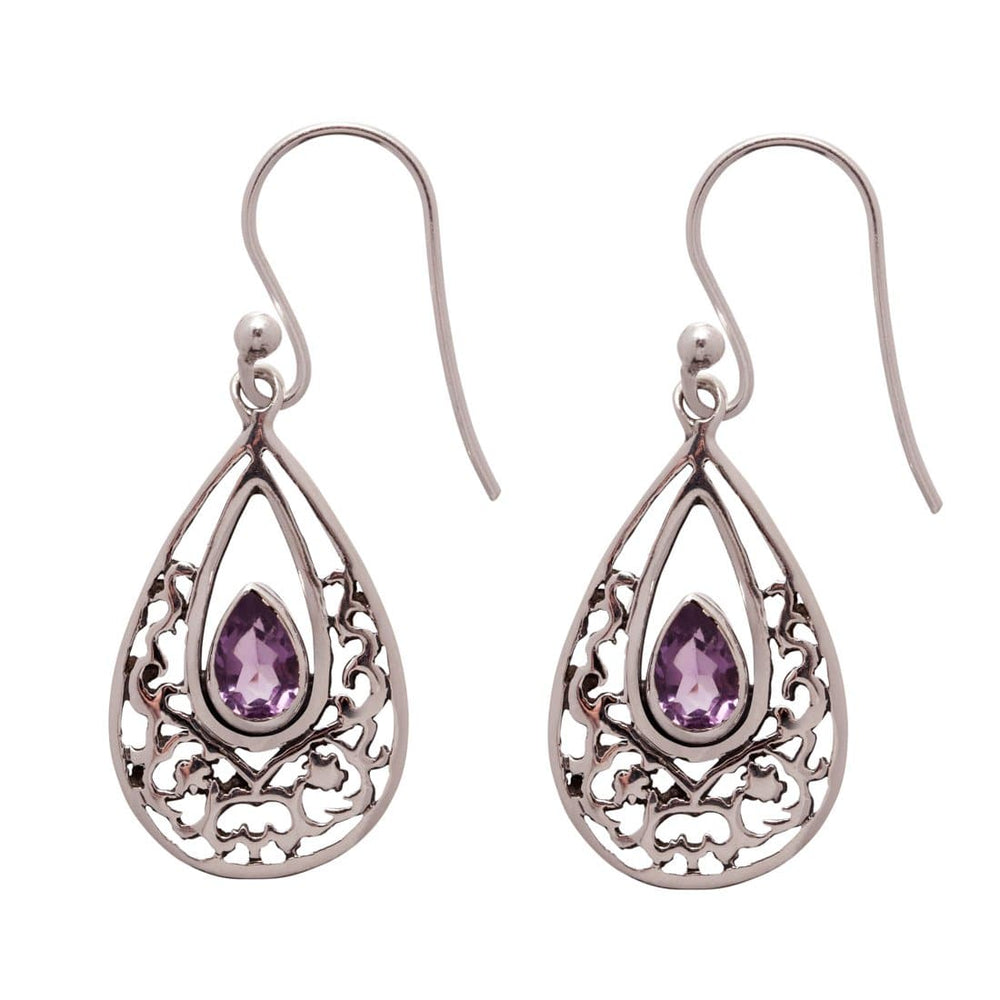 Sterling Silver Filigree Teardrop Amethyst Hoop Earrings - 81stgeneration