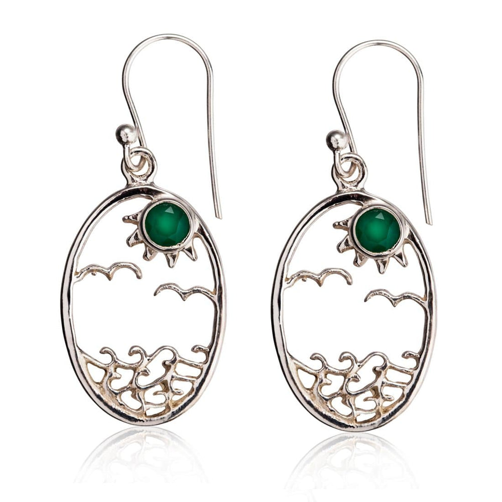 Sterling Silver Small Oval Emerald Ocean Sun Earrings - 81stgeneration