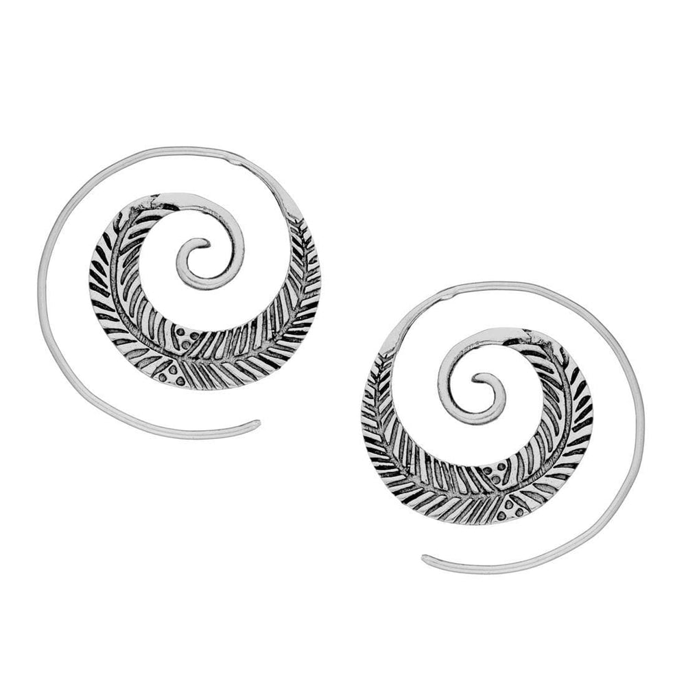 Sterling Silver Round Feather Leaf l Tribal Spiral Threader Earrings