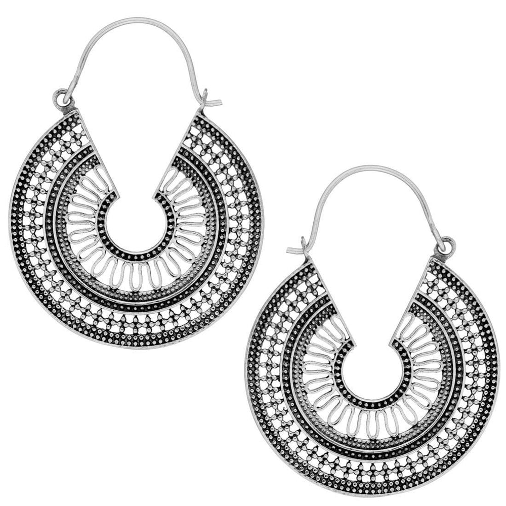 Sterling Silver Round Disc Tribal Boho Style C-Shape Dot Work Earrings