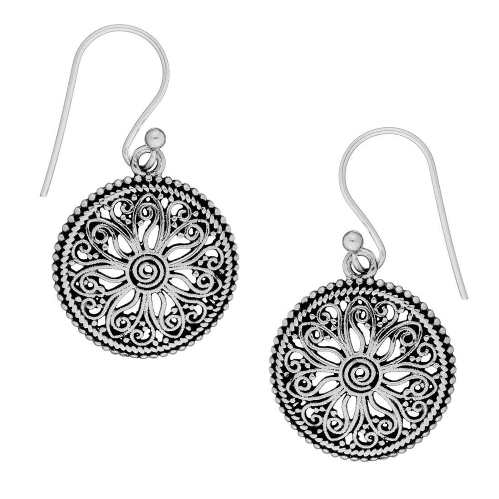 Sterling Silver Round Floral Spiral Filigree Bohemian Dangle Earrings