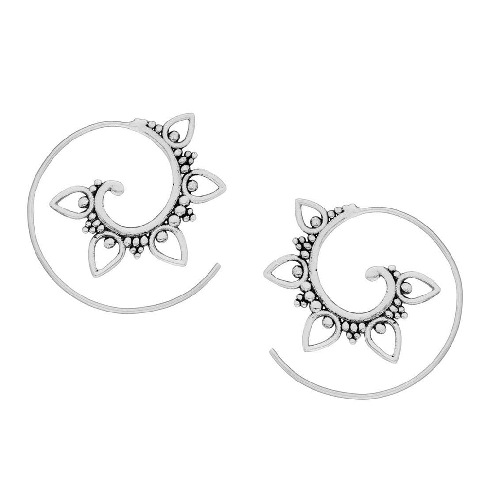 Sterling Silver Flower Lotus Rawa Dot Work Spiral Threader Earrings