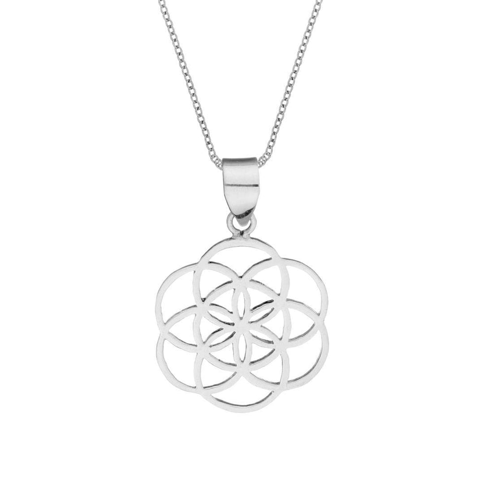 Sterling Silver Flower Seed of Life Pendant Curb Chain Necklace