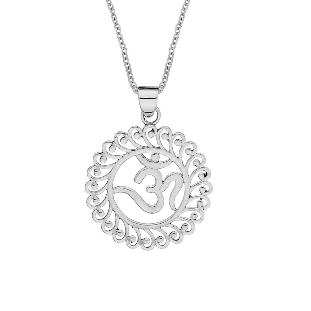 Sterling Silver Large Round Pendant Peacock Filigree Om Aum Necklace