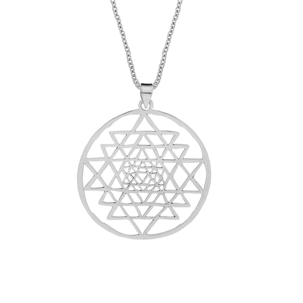 Sterling Silver Large Round Cut-Out Sri Yantra Pendant Chain Necklace