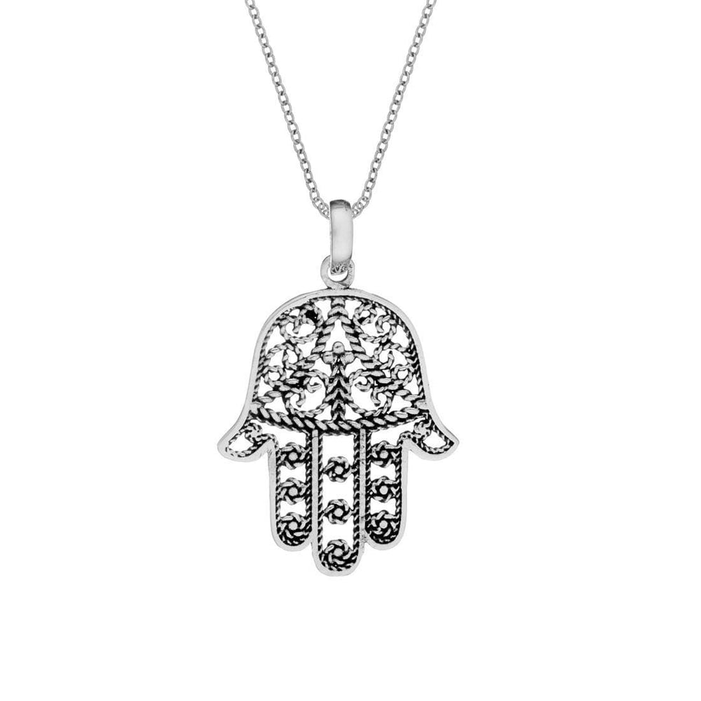 Sterling Silver Filigree Hamsa Fatima Hand Pendant Chain Necklace