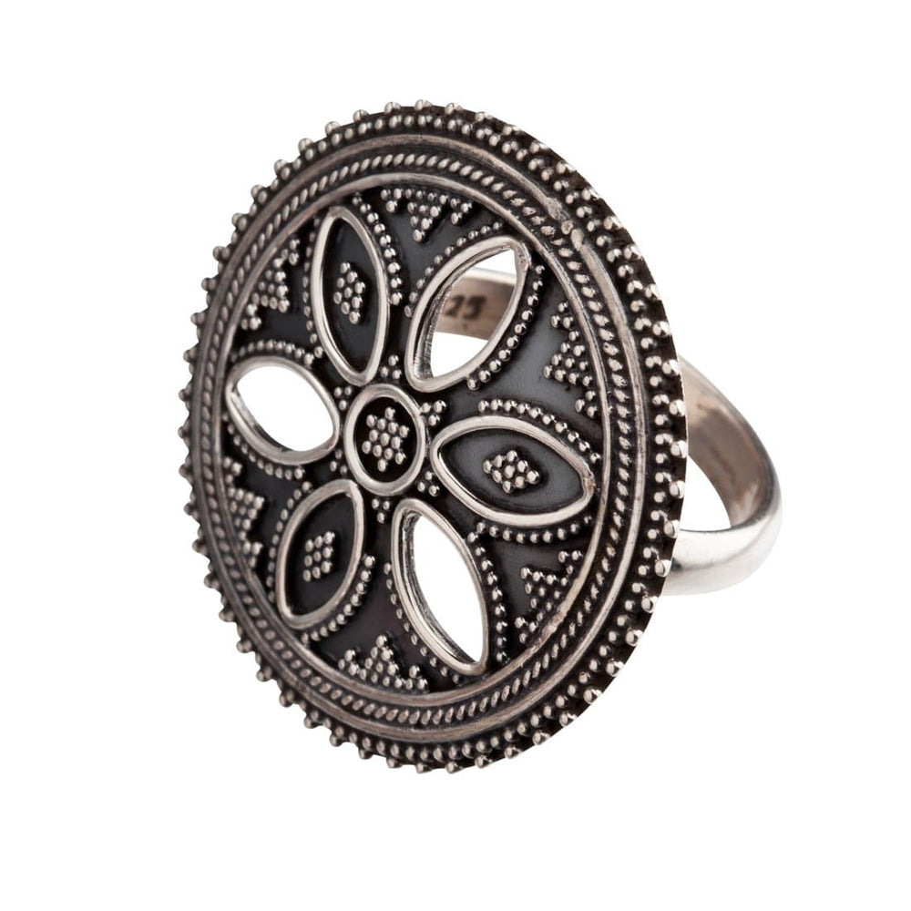 Sterling Silver Round Disc Tribal Flower Ring - 81stgeneration