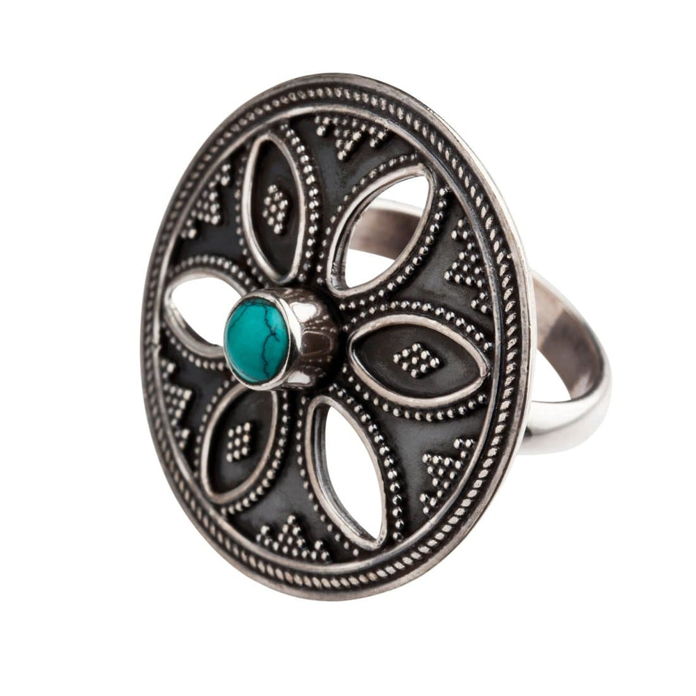 Sterling Silver Turquoise Round Disc Tribal Flower Ring - 81stgeneration