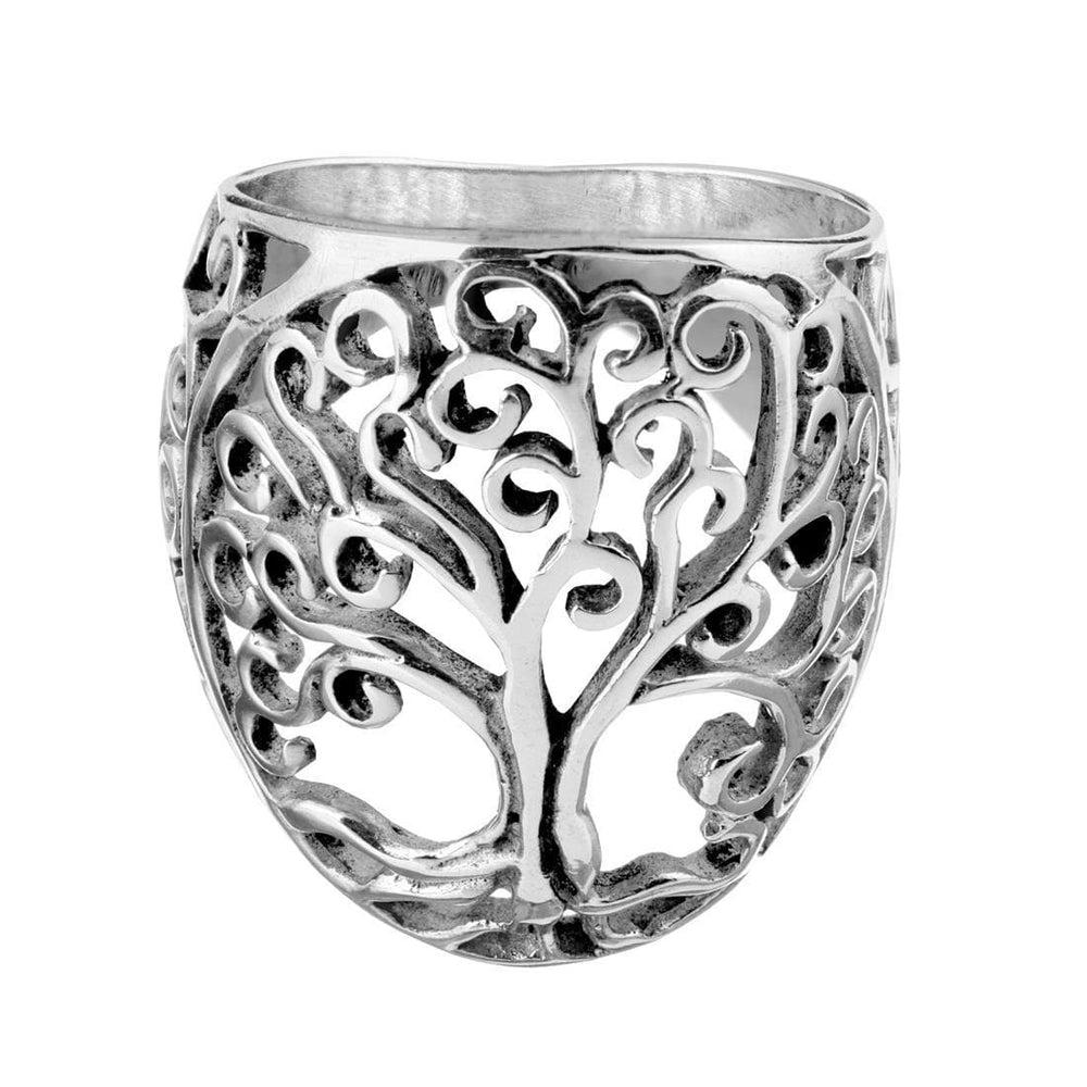 Sterling Silver Wide Chunky Filigree Spiral Cut-Out Tree of Life Ring