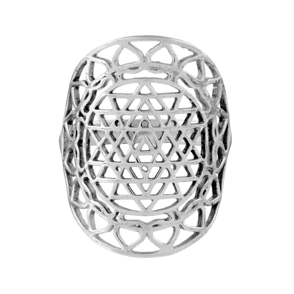 Sterling Silver Wide Armour Cut-Out Sacred Geometry Sri Yantra Ring