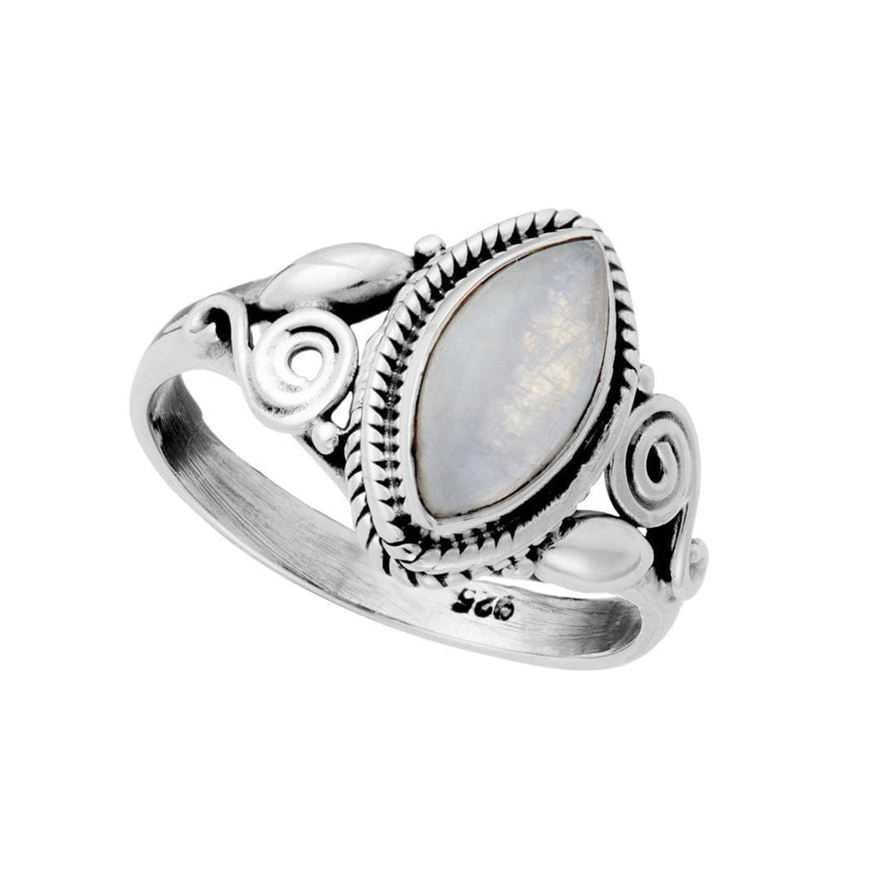 Sterling Silver Rainbow Moonstone Ring Marquise Boho Spiral Design