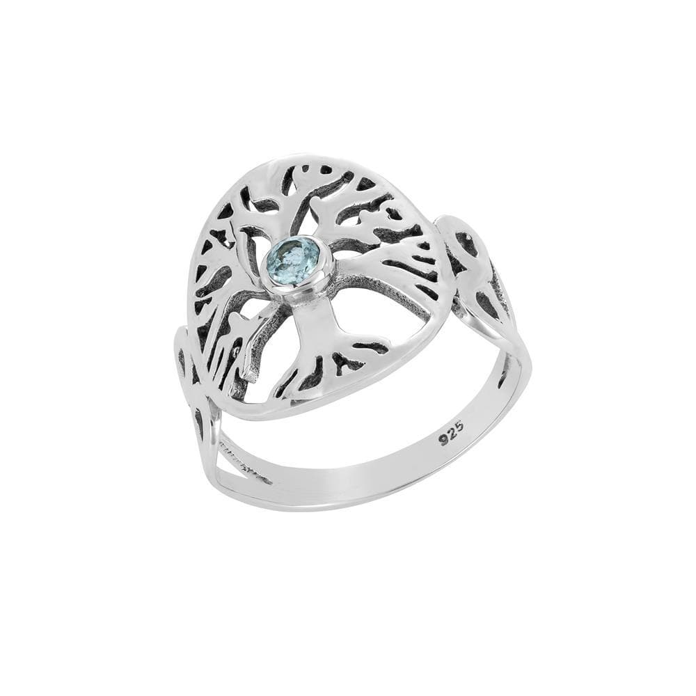Sterling Silver Blue CZ Medallion Celtic Cut-Out Tree of Life Ring