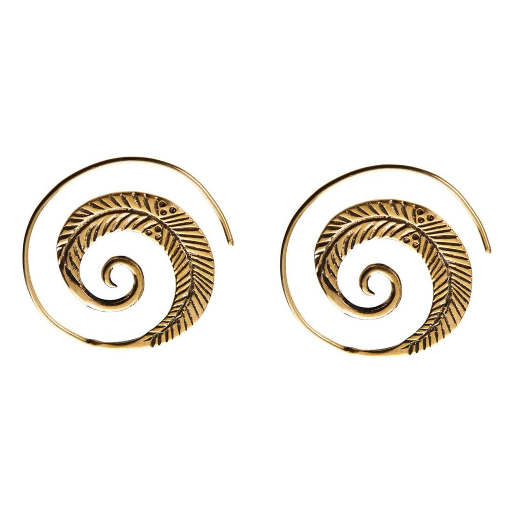 Gold Brass Round Spiral Fern Leaf Tribal Earrings - 81stgeneration