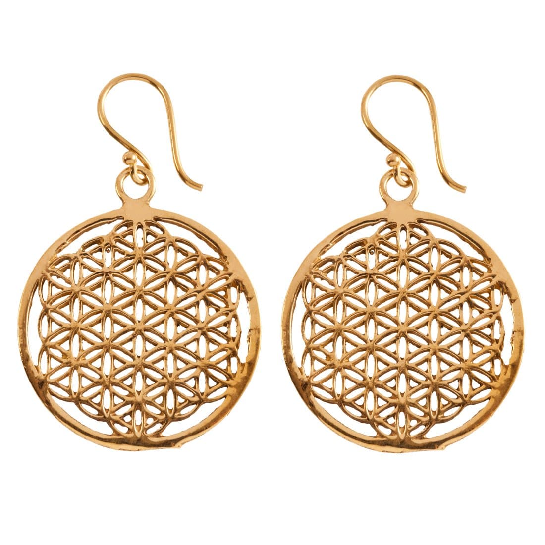 Gold Brass Disc Flower Of Life Sacred Geometry Earrings - 81stgeneration