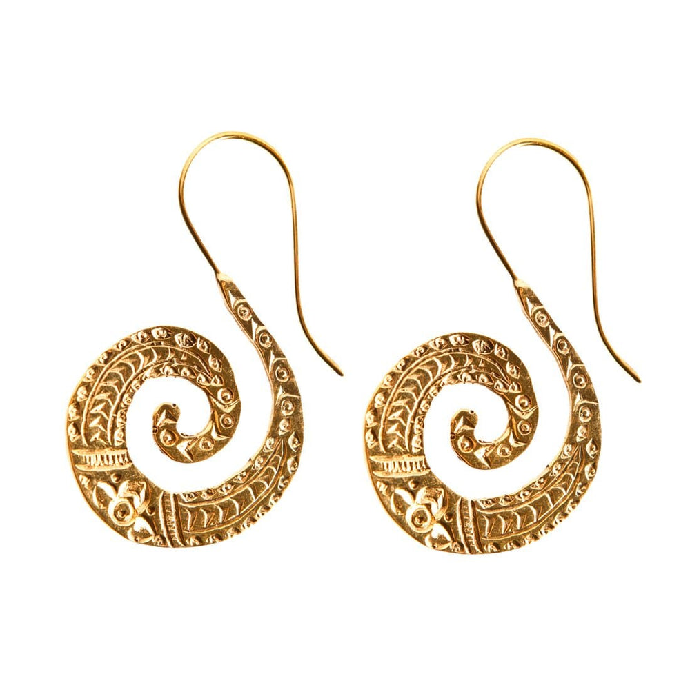 Gold Brass Patterned Spiral Dangle Earrings - 81stgeneration