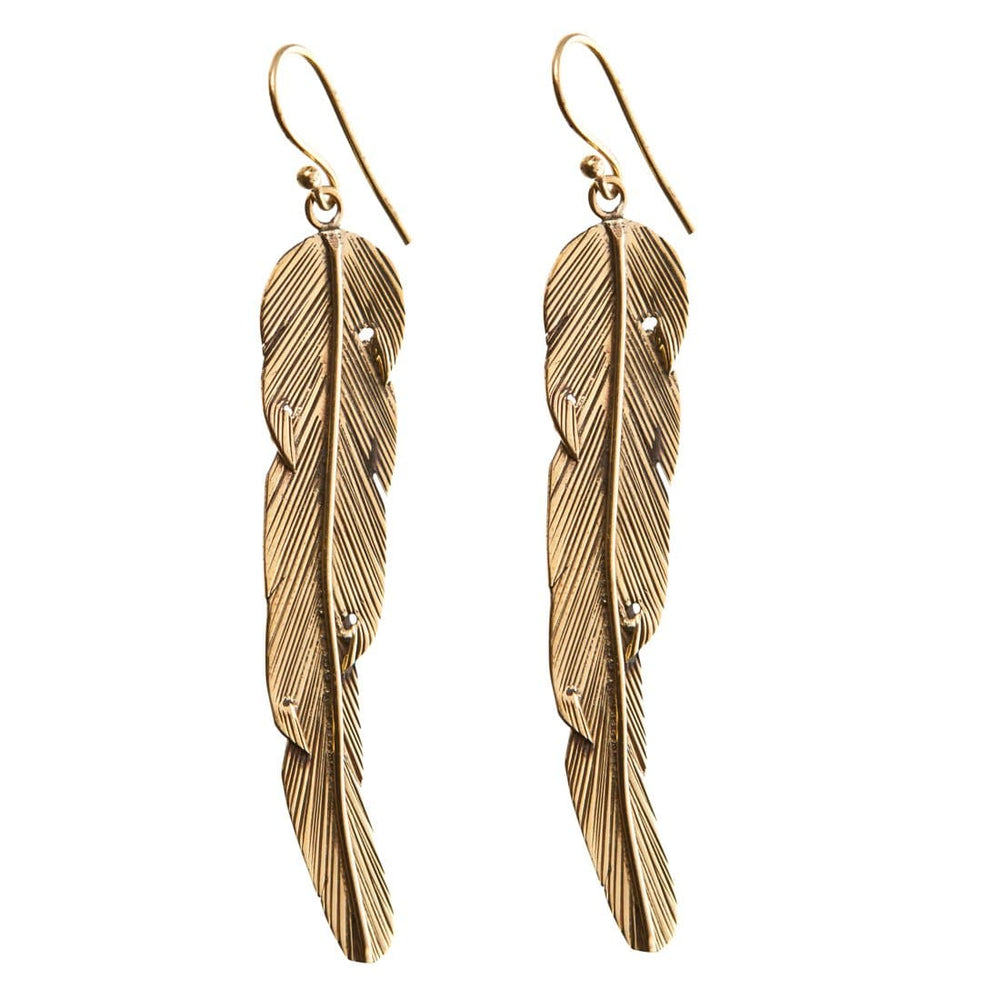 Gold Brass Long Feather Ethnic Dangle Earrings - 81stgeneration