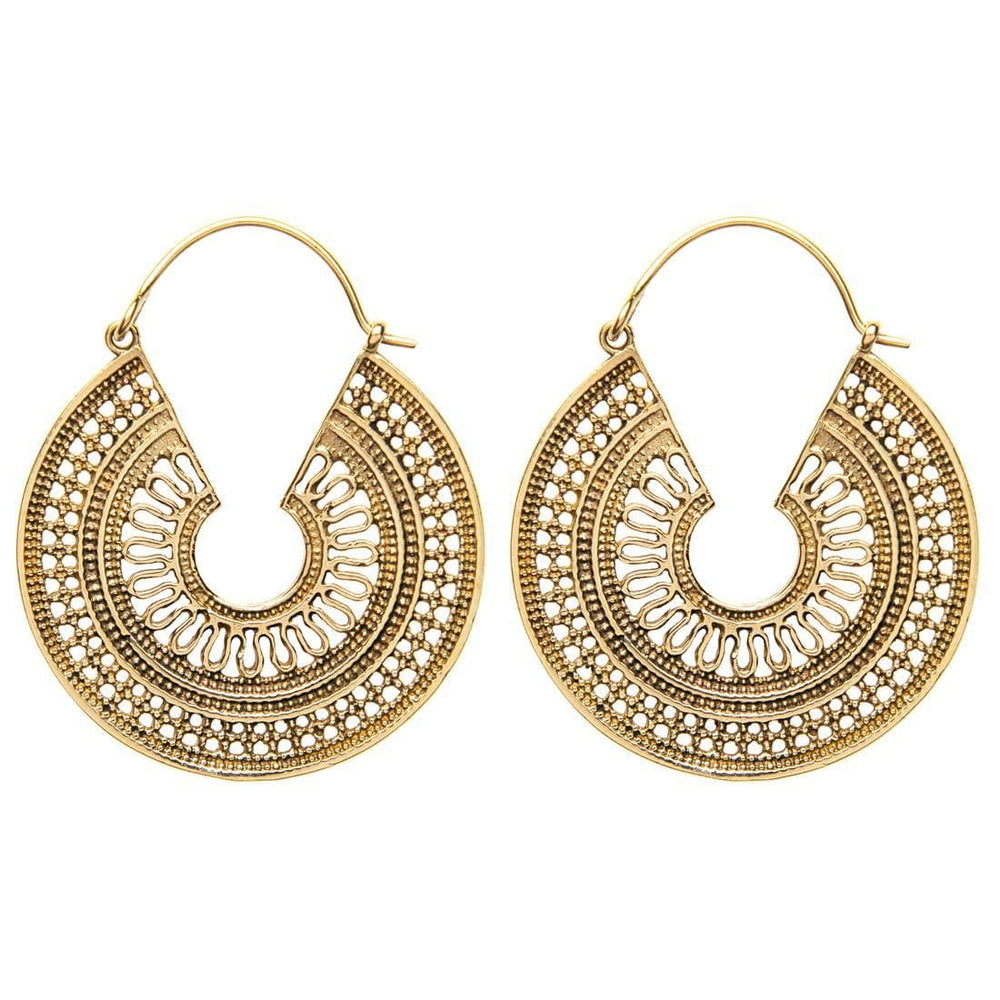 Gold Brass Large C-Shape Mandala Round Disc Dot Work Earrings