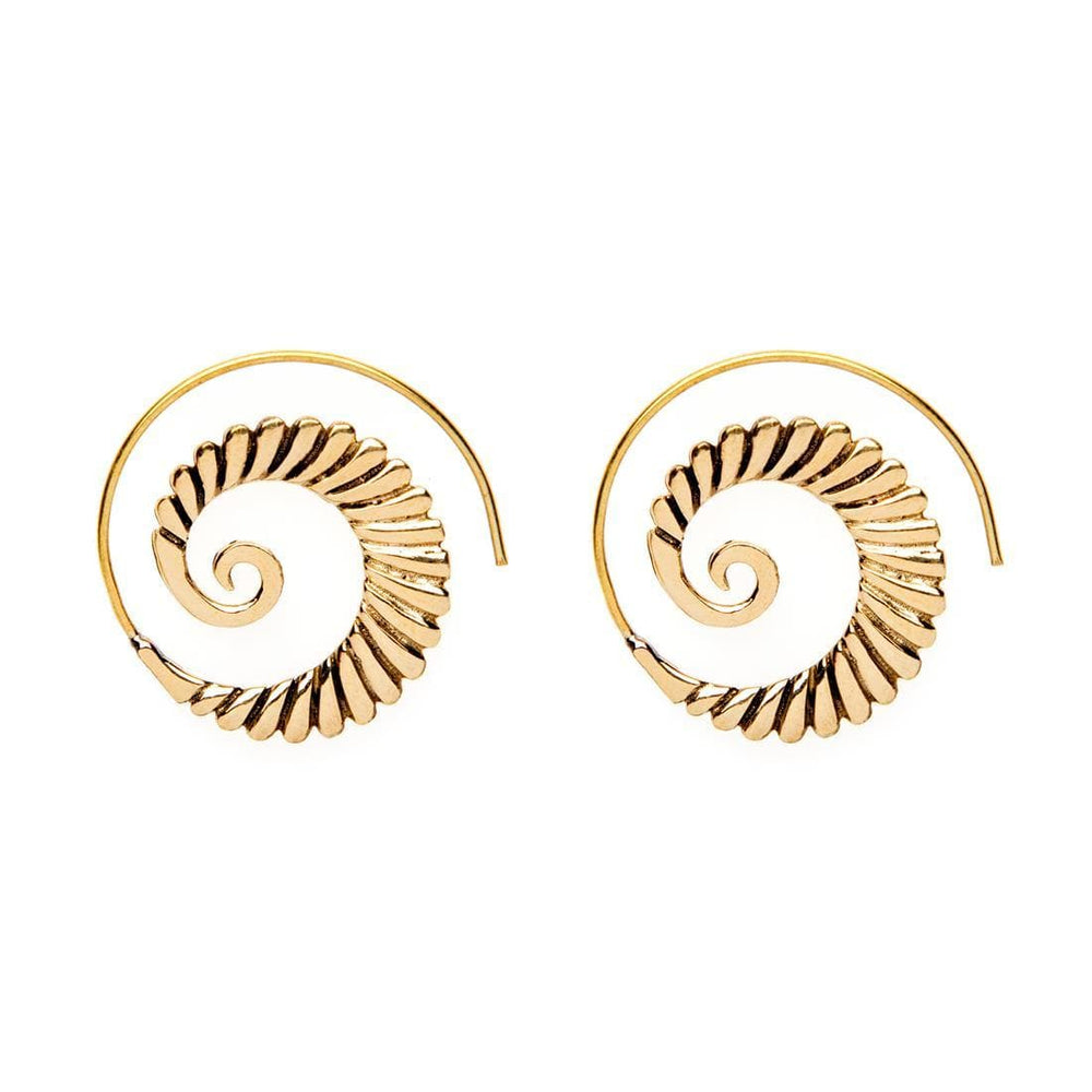 Gold Brass Ribbed Spiral Threader Earrings Textured Boho Tribal Design