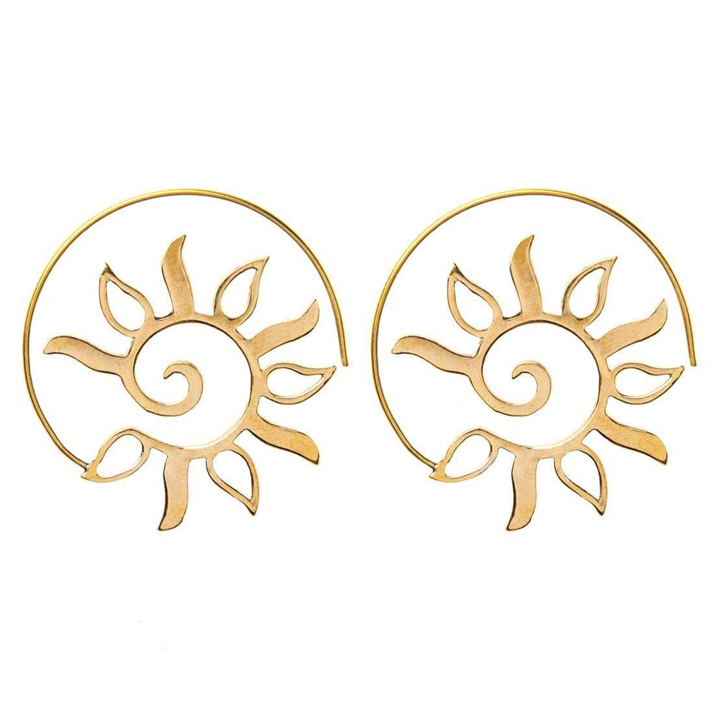 Gold Brass Tribal Sun Leaf Flower Boho Spiral Threader Earrings