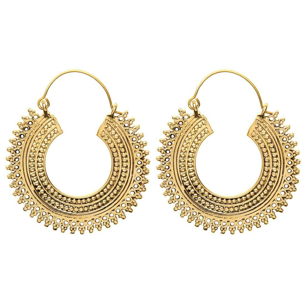 Gold Brass Large C-Shape Mandala Hoop Earrings Dot Work Hoop Earrings