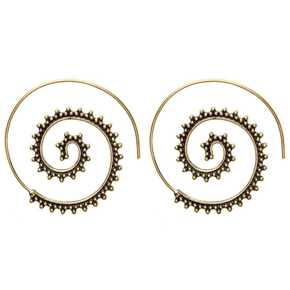 Gold Brass Indian Dot Work Mandala Boho Spiral Threader Earrings