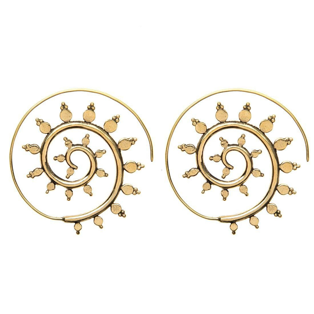 Gold Brass Indian Dot Work Mandala Sun Spiral Threader Earrings