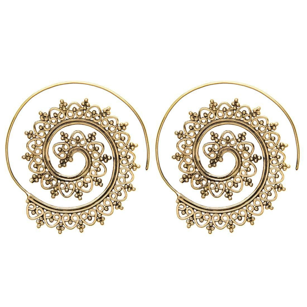 Gold Brass Filigree Mandala Dot Work Spiral Threader Earrings
