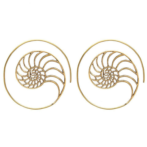 Gold Brass Golden Ratio Cut-Out Seashell Spiral Threader Earrings