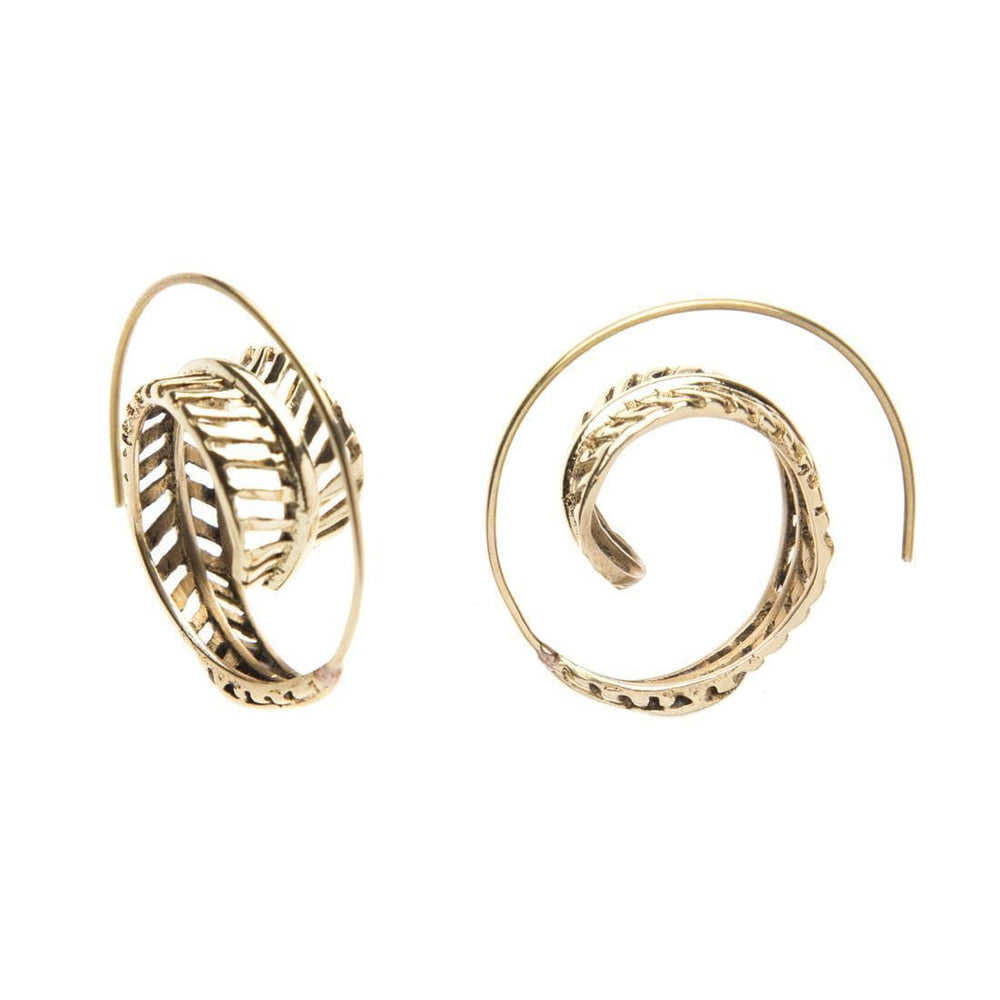 Gold Brass Spiral Cut-Out Fern Leaf Bohemian Spiral Threader Earrings