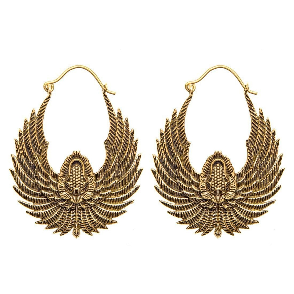 Gold Brass Egyptian Style Hoops Boho Bird Wings Tribal Hoop Earrings