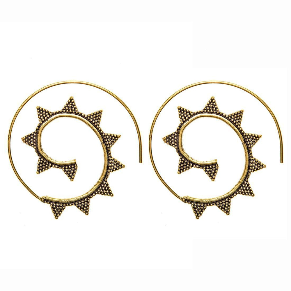 Gold Brass Indian Dot Work Sun Mandala Spiral Threader Earrings