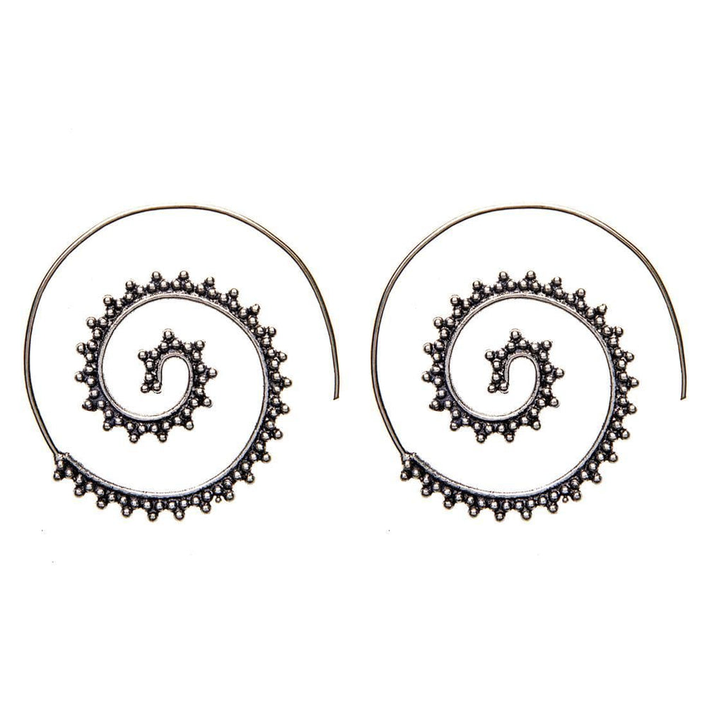 Silver Brass Indian Dot Work Mandala Boho Spiral Threader Earrings