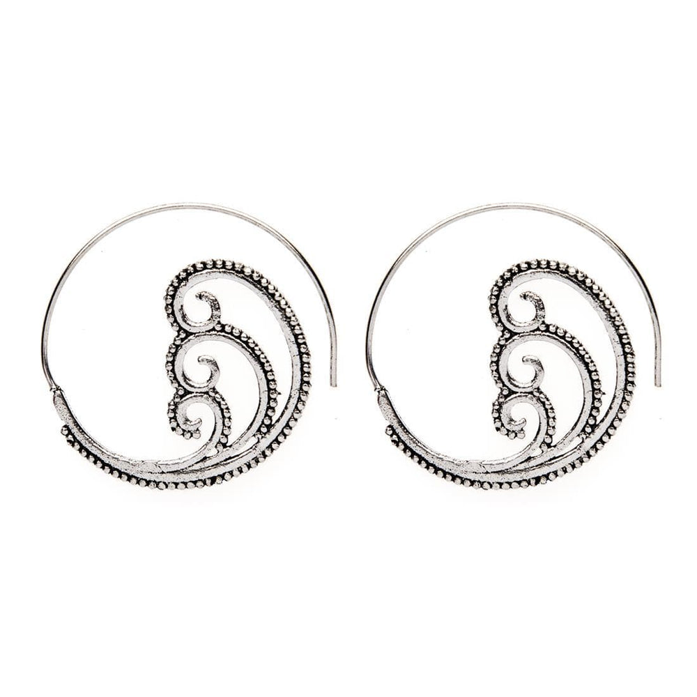 Silver Brass Swirl Ocean Wave Dot Work Spiral Threader Earrings